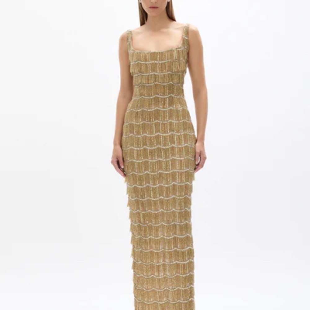 Rachel Gilbert Gold Beaded Maxi Dress